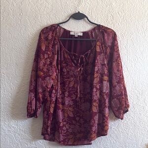 Burgundy Relaxed Double Tie Front Blouse with 3/4 Sleeves